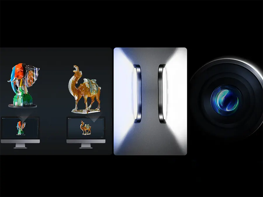 przykład zeskanowanych przedmiotów z kolorową teksturą oraz fragmentów skanera, które to umożliwiają