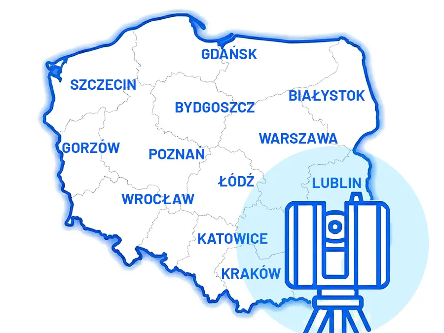 Mapa zasięgu skanowania - cała polska. Na mapie takie miasta jak Warszawa, Katowice, Wrocław, Gdańsk, Szczecin itp.