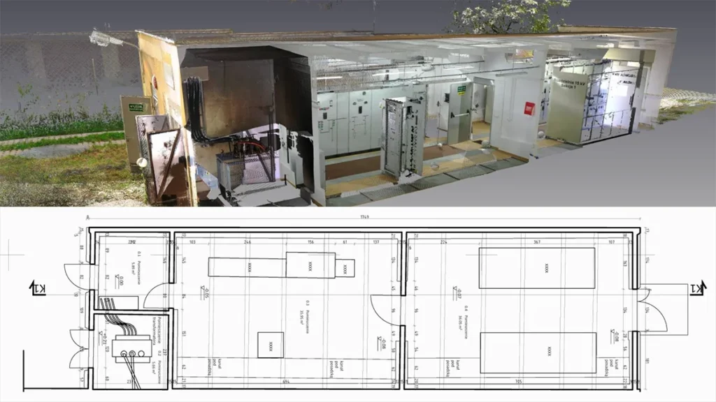 chmura punktów oraz odpowiadająca jej dokumentacja cad 2d