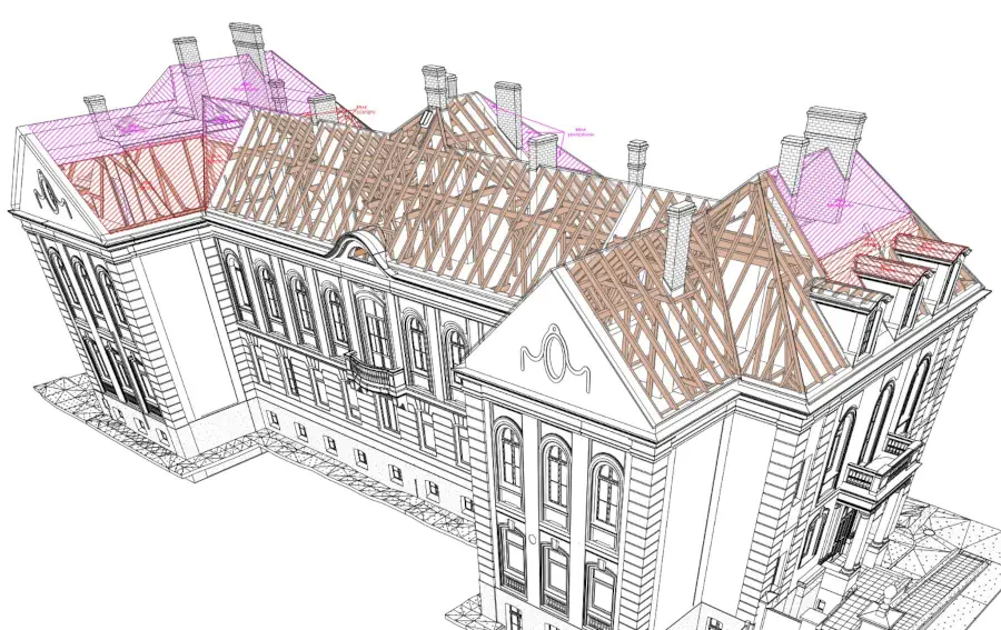 Inwentaryzacja 3D więźby dachowej i elewacji – model BIM zabytkowego budynku wykonany na podstawie skaningu laserowego