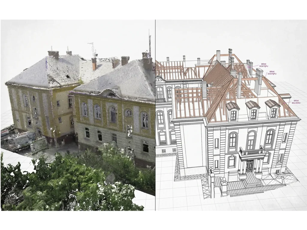 efekt skanowania bardzo dużego budynku przeznaczonego do rewitalizacji