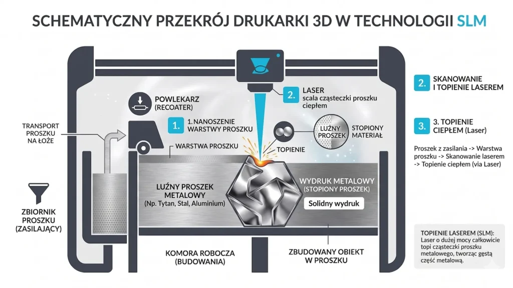 Schemat technologii druku slm - przekrój przez komorę drukarki podczas druku