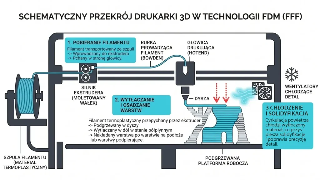 Schematyczny przekrój drukarki 3d w technologii FDM